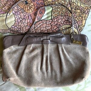 Vintage Letisse Taupe Suede Clutch Bag with Brown Leather Bow & thin strap